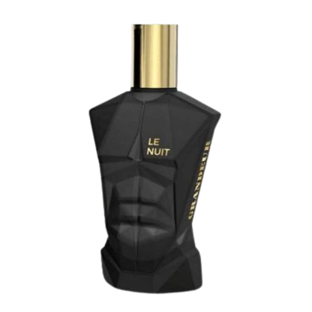 Black perfume bottle Grandeur Le Nuit 100ml EDP by Milestone Perfumes with gold cap on a white background