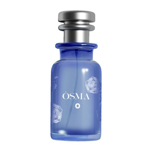 Blue perfume bottle with silver cap on a white background