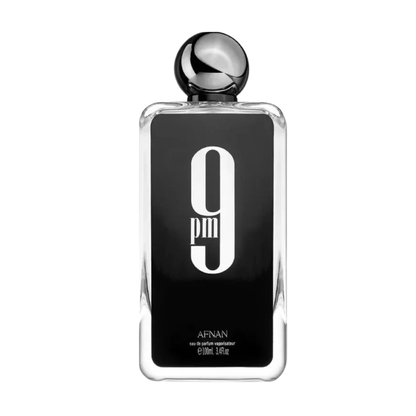 Afnan 9pm 100ml Perfume bottle with black label and silver cap on a white background