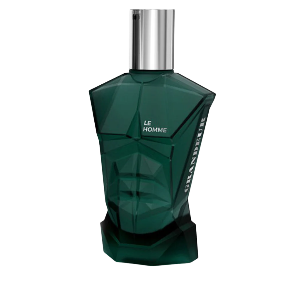 Green perfume bottle with silver cap on a white background