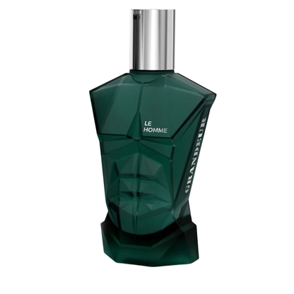 Green perfume bottle with silver cap on a white background