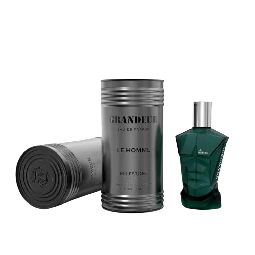 Two cylindrical containers and a green perfume bottle with 'GRANDEUR' branding on a white background.