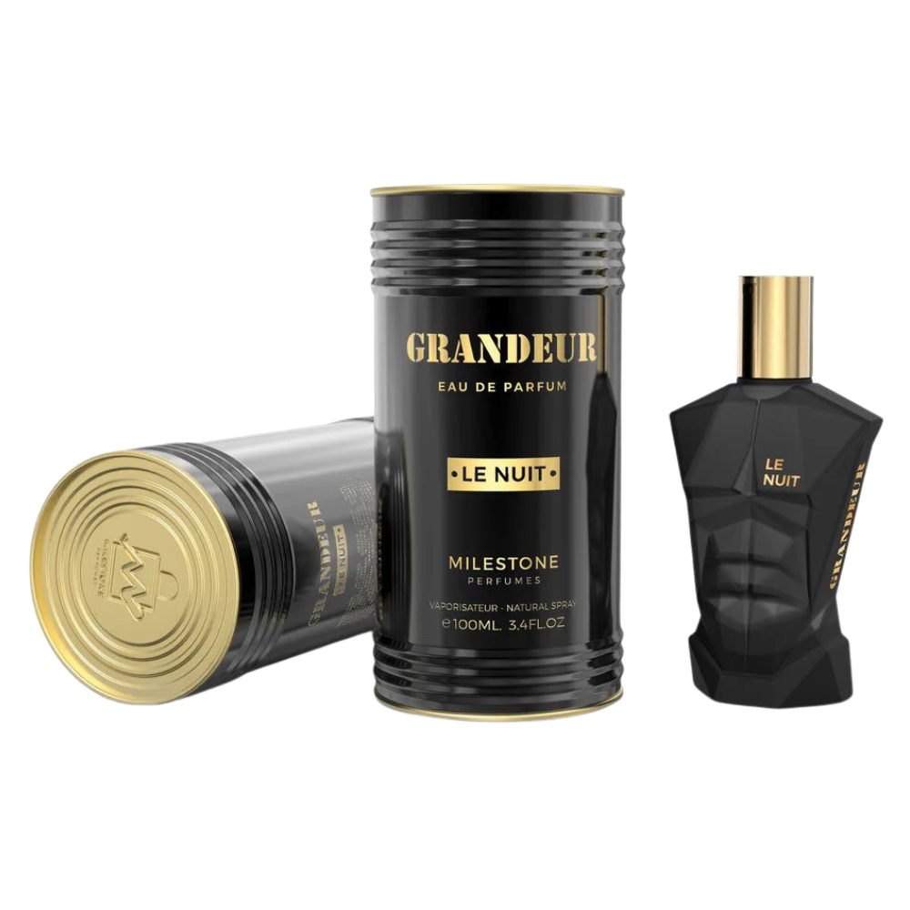 Grandeur Eau de Parfum packaging with black and gold design on a white background