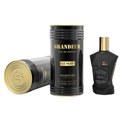 Grandeur Eau de Parfum packaging with black and gold design on a white background